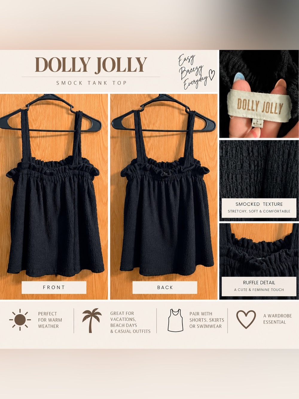 Women's Black Smocked Ruffle Tank Top